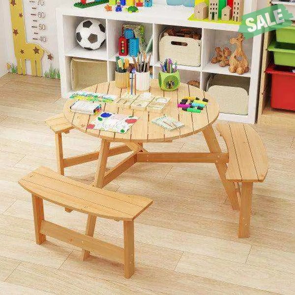 Kids Outdoor Wooden Picnic Table and Bench Set with Umbrella Hole-Natural