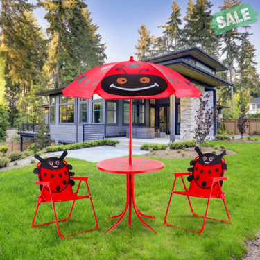 Kids Patio Folding Table and Chairs Set Beetle with Umbrella Kids Table & Chair Sets