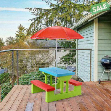 Kids Picnic Folding Table and Bench with Umbrella Green Kids Table & Chair Sets