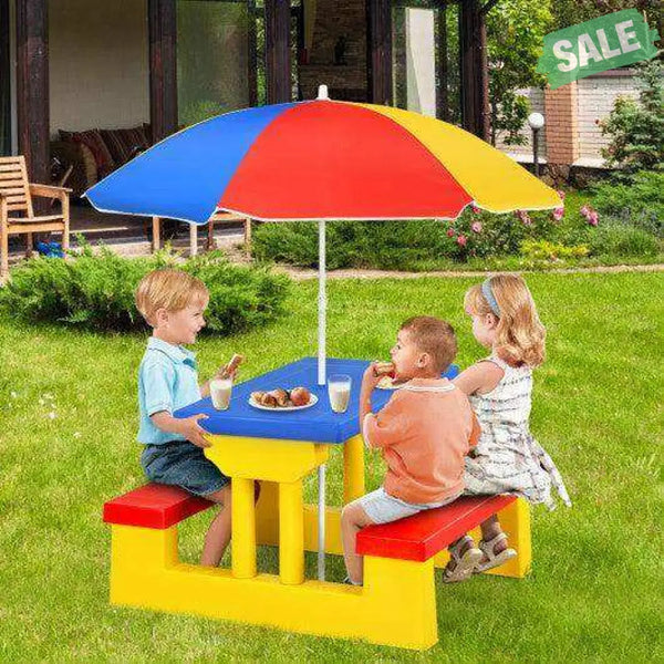 Kids Picnic Folding Table and Bench with Umbrella Green Kids Table & Chair Sets