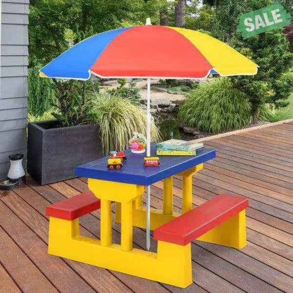 Kids Picnic Folding Table and Bench with Umbrella Green Kids Table & Chair Sets