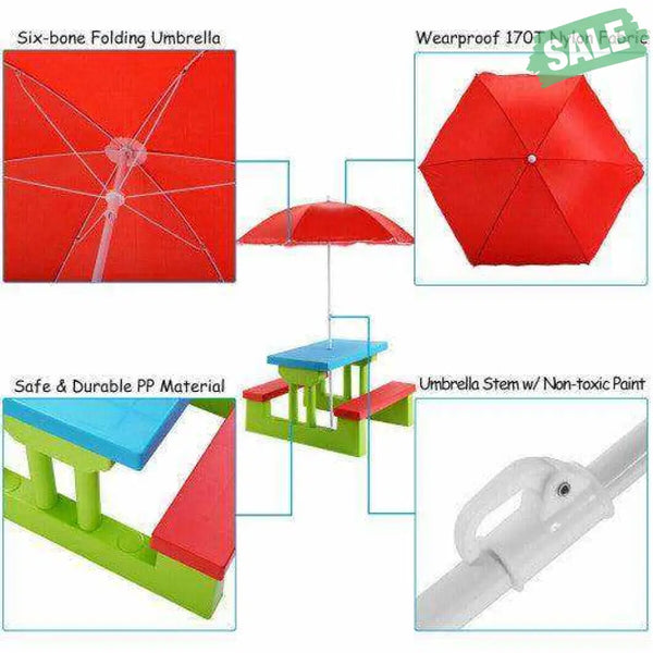 Kids Picnic Folding Table and Bench with Umbrella Green Kids Table & Chair Sets