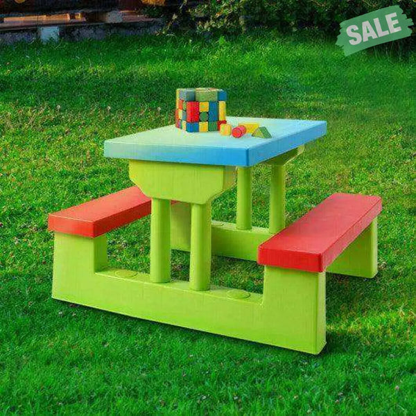 Kids Picnic Folding Table and Bench with Umbrella Green Kids Table & Chair Sets