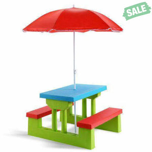 Kids Picnic Folding Table and Bench with Umbrella Green Kids Table & Chair Sets
