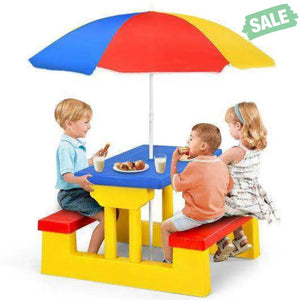 Kids Picnic Folding Table and Bench with Umbrella Green Kids Table & Chair Sets
