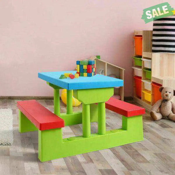 Kids Picnic Folding Table and Bench with Umbrella Green Kids Table & Chair Sets