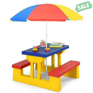 Kids Picnic Folding Table and Bench with Umbrella Green Kids Table & Chair Sets