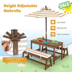 Kids Picnic Table and Bench Set with Cushions and Height Adjustable Umbrella-Blue Brown Kids Table & Chair Sets