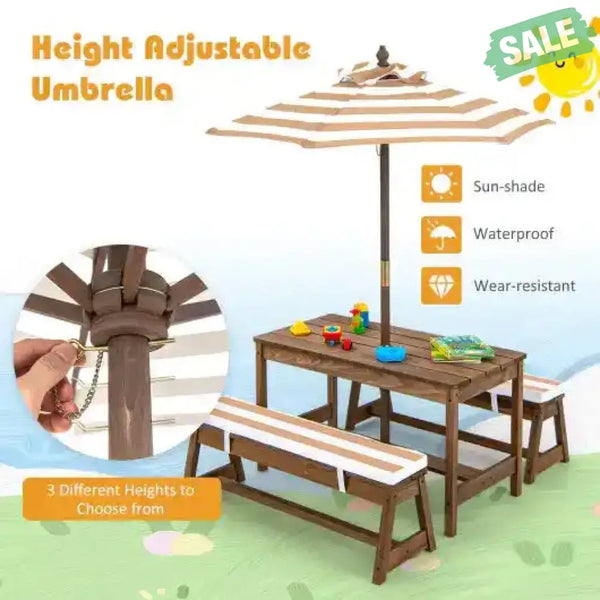 Kids Picnic Table and Bench Set with Cushions and Height Adjustable Umbrella-Blue Brown Kids Table & Chair Sets