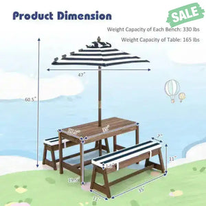 Kids Picnic Table and Bench Set with Cushions and Height Adjustable Umbrella-Blue Kids Table & Chair Sets