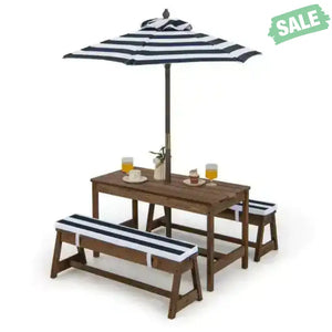 Kids Picnic Table and Bench Set with Cushions and Height Adjustable Umbrella-Blue Kids Table & Chair Sets