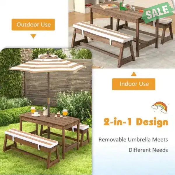 Kids Picnic Table and Bench Set with Cushions and Height Adjustable Umbrella-Blue Kids Table & Chair Sets