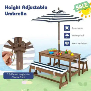 Kids Picnic Table and Bench Set with Cushions and Height Adjustable Umbrella-Blue Blue Kids Table & Chair Sets