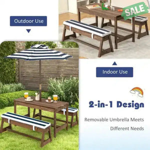 Kids Picnic Table and Bench Set with Cushions and Height Adjustable Umbrella-Blue Kids Table & Chair Sets