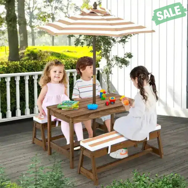 Kids Picnic Table and Bench Set with Cushions and Height Adjustable Umbrella-Blue Kids Table & Chair Sets