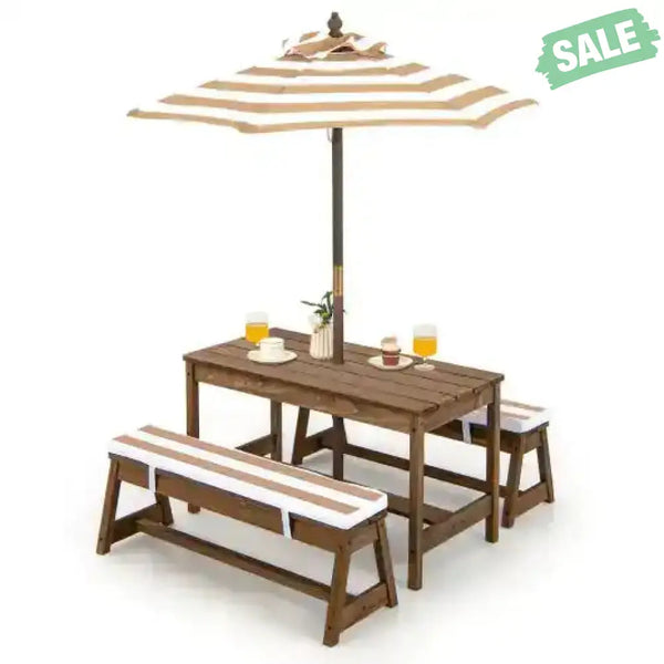 Kids Picnic Table and Bench Set with Cushions and Height Adjustable Umbrella-Blue Kids Table & Chair Sets