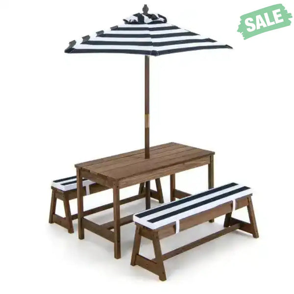 Kids Picnic Table and Bench Set with Cushions and Height Adjustable Umbrella-Blue Kids Table & Chair Sets