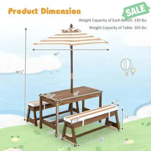 Kids Picnic Table and Bench Set with Cushions and Height Adjustable Umbrella-Blue Kids Table & Chair Sets