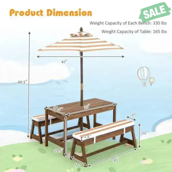 Kids Picnic Table and Bench Set with Cushions and Height Adjustable Umbrella-Blue Kids Table & Chair Sets