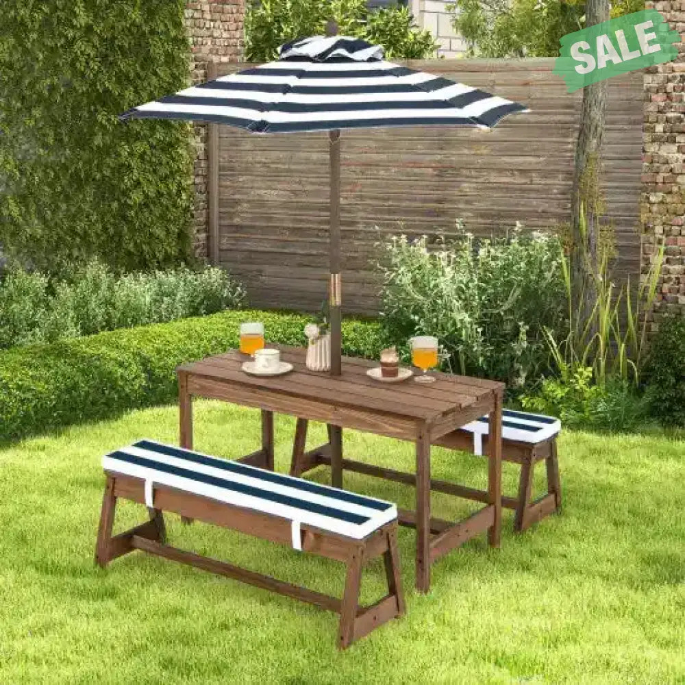 Kids Picnic Table and Bench Set with Cushions and Height Adjustable Umbrella-Blue Kids Table & Chair Sets