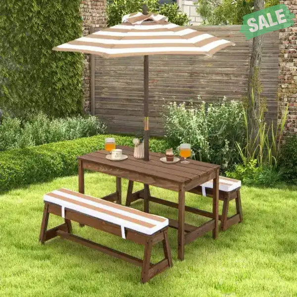 Kids Picnic Table and Bench Set with Cushions and Height Adjustable Umbrella-Blue Kids Table & Chair Sets