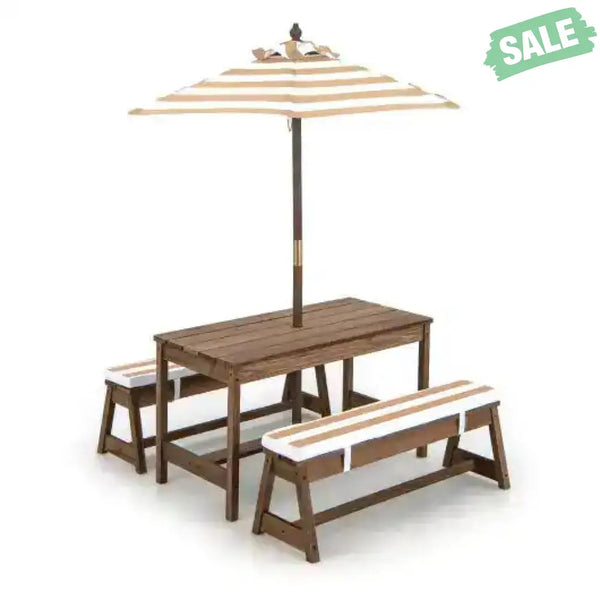 Kids Picnic Table and Bench Set with Cushions and Height Adjustable Umbrella-Blue Kids Table & Chair Sets