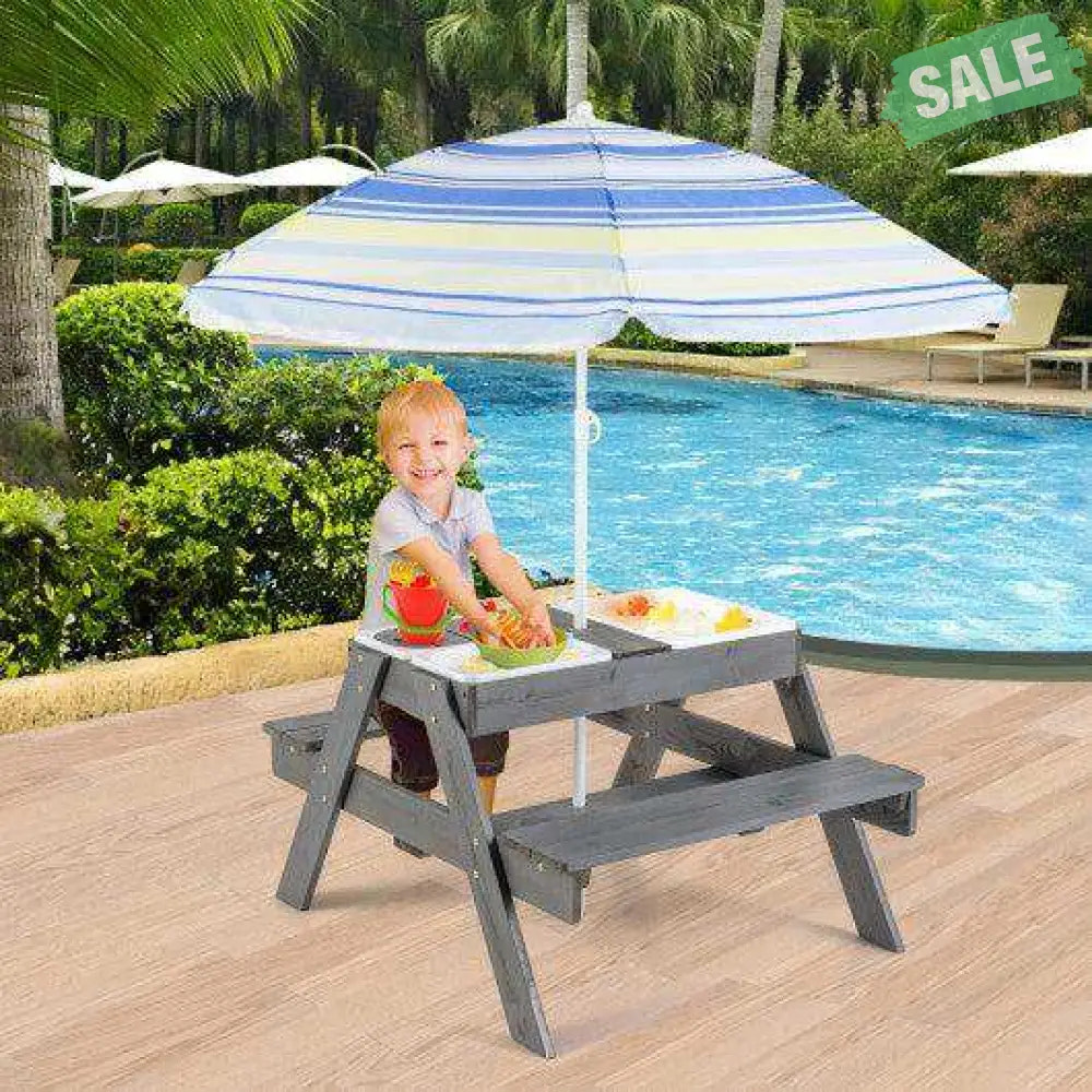 Kids Picnic Table Set with 3 Removable Bins-Gray Kids Table & Chair Sets