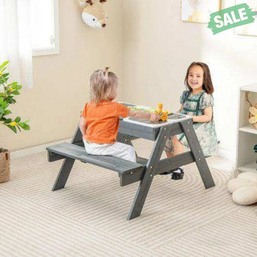 Kids Picnic Table Set with 3 Removable Bins-Gray Kids Table & Chair Sets