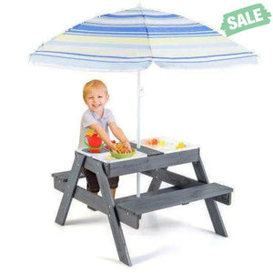 Kids Picnic Table Set with 3 Removable Bins-Gray Kids Table & Chair Sets