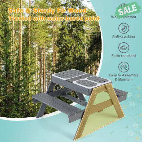 Kids Picnic Table Set with 3 Removable Bins-Gray Kids Table & Chair Sets