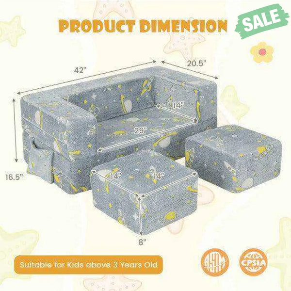 Kids Play Sofa with Ottoman and Removable & Machine Washable Cover-Gray Gray Kids Chairs & Seating