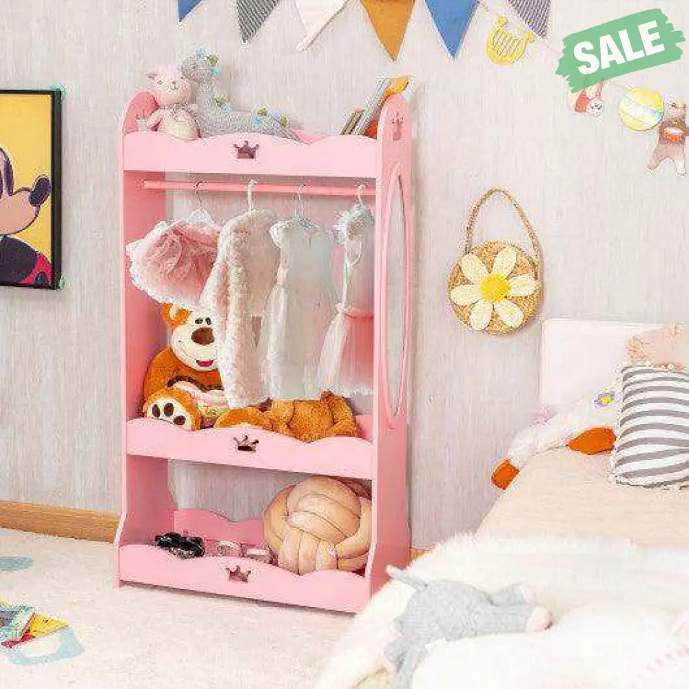 Kids Pretend Costume Closet with Mirror-Pink Kids Storage