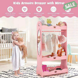 Kids Pretend Costume Closet with Mirror-Pink Kids Storage