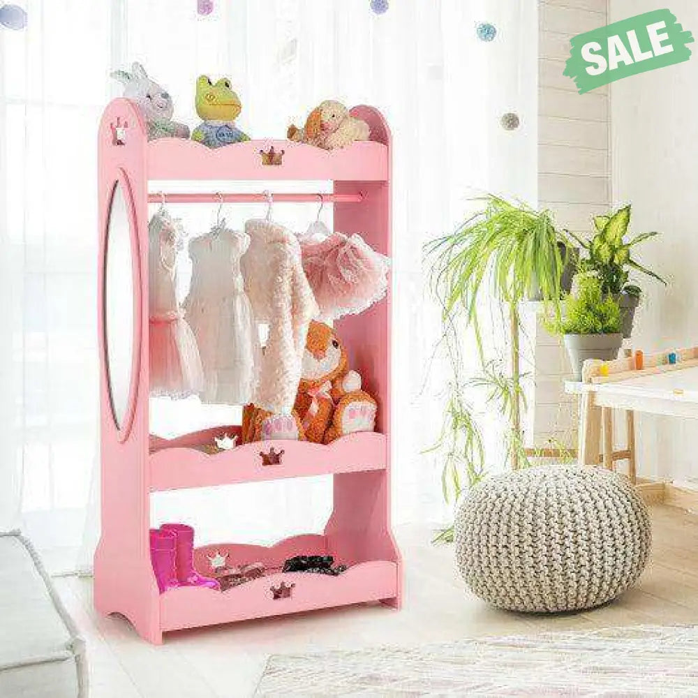 Kids Pretend Costume Closet with Mirror-Pink Kids Storage