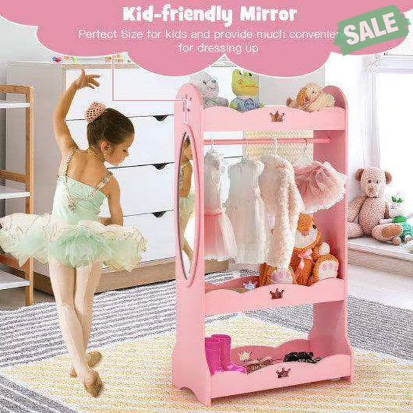 Kids Pretend Costume Closet with Mirror-Pink Kids Storage