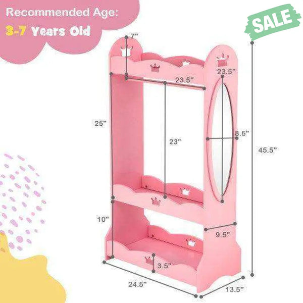 Kids Pretend Costume Closet with Mirror-Pink Kids Storage
