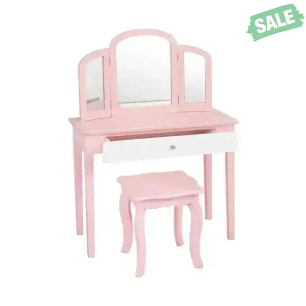 Kids Princess Make Up Dressing Table with Tri-folding Mirror and Chair-Pink Pink Kids Vanities