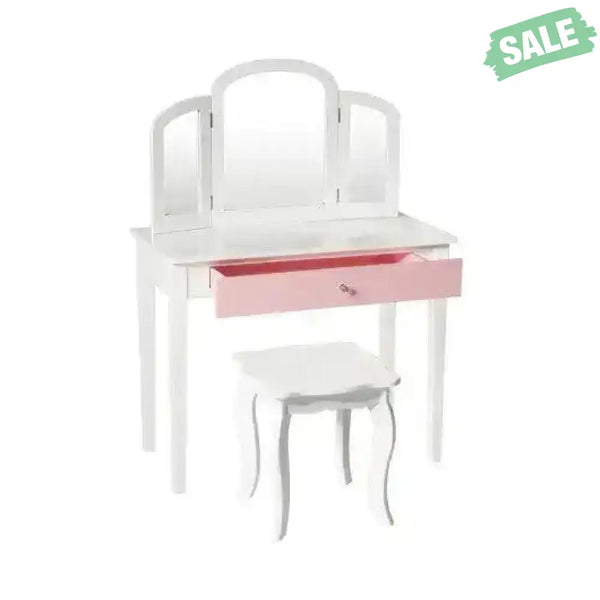 Kids Princess Make Up Dressing Table with Tri-folding Mirror and Chair-Pink Pink Kids Vanities
