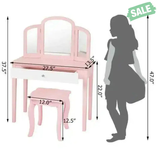Kids Princess Make Up Dressing Table with Tri-folding Mirror and Chair-Pink Pink Kids Vanities