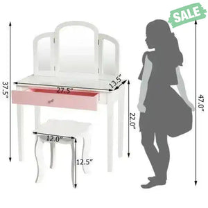 Kids Princess Make Up Dressing Table with Tri-folding Mirror and Chair-Pink Pink Kids Vanities