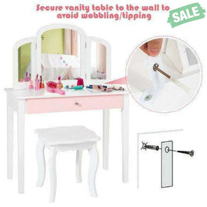 Kids Princess Make Up Dressing Table with Tri-folding Mirror and Chair-Pink Pink Kids Vanities
