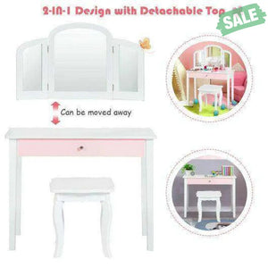 Kids Princess Make Up Dressing Table with Tri-folding Mirror and Chair-Pink Pink Kids Vanities