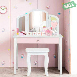 Kids Princess Make Up Dressing Table with Tri-folding Mirror and Chair-Pink Pink Kids Vanities