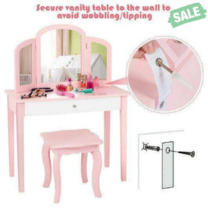 Kids Princess Make Up Dressing Table with Tri-folding Mirror and Chair-Pink Pink Kids Vanities