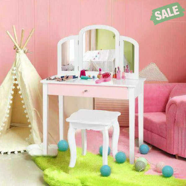 Kids Princess Make Up Dressing Table with Tri-folding Mirror and Chair-Pink Pink Kids Vanities