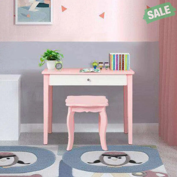 Kids Princess Make Up Dressing Table with Tri-folding Mirror and Chair-Pink Pink Kids Vanities