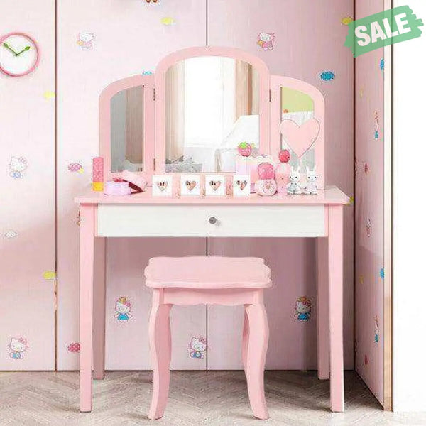 Kids Princess Make Up Dressing Table with Tri-folding Mirror and Chair-Pink Pink Kids Vanities