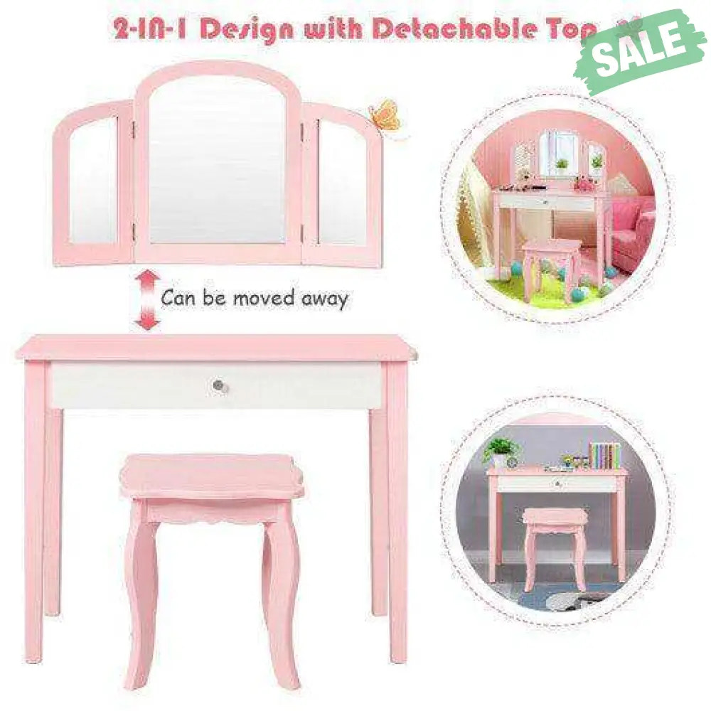 Kids Princess Make Up Dressing Table with Tri-folding Mirror and Chair-Pink Pink Kids Vanities