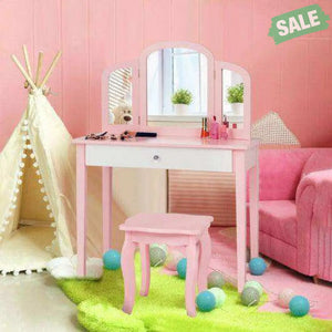 Kids Princess Make Up Dressing Table with Tri-folding Mirror and Chair-Pink Pink Kids Vanities