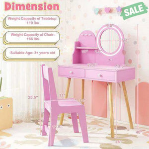 Kids Princess Makeup Dressing Desk and Chair Set with Mirror and Lights-Pink Pink Kids Table & Chair Sets